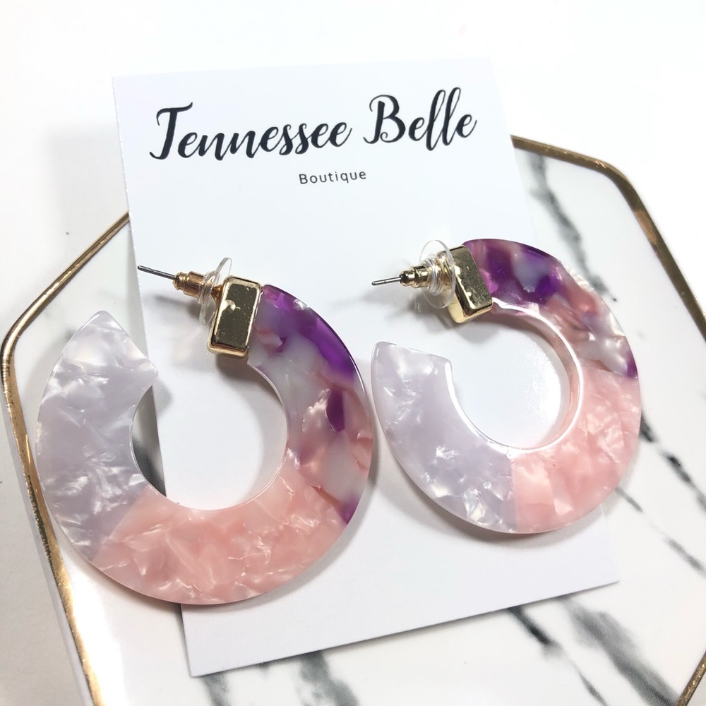 Cardi Pink Acrylic Purple Thick Circle Stud Hoop E - Picture 1 of 6